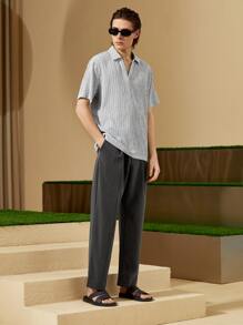 Manfinity NXTstreet Loose Fit Men's Striped Print Short Sleeve Casual Polo Shirt - Light Grey - View 2