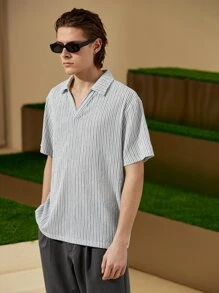 Manfinity NXTstreet Loose Fit Men's Striped Print Short Sleeve Casual Polo Shirt - Light Grey - View 5