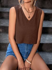 SHEIN LUNE 華夫格編織V領背心上衣 - 咖啡棕 - 查看 3