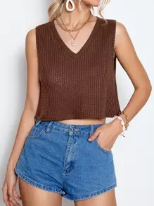 SHEIN LUNE 華夫格編織V領背心上衣 - 咖啡棕 - 查看 6