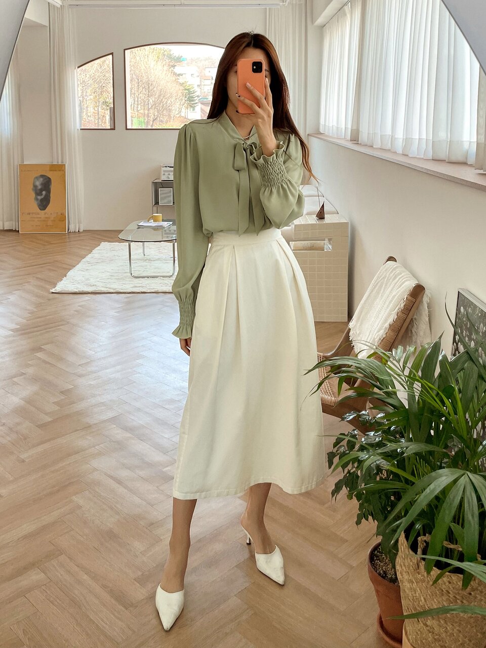 Tie Neck Shirred Flounce Sleeve Blouse Long Sleeve Top