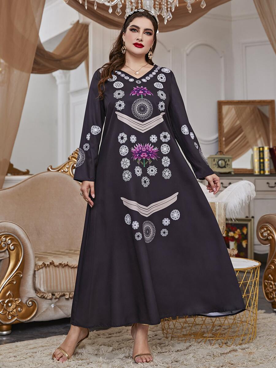 Al Najma 大碼花卉圖案和曼陀羅印花直筒連衣裙 - 黑色 - 查看 1