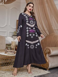 Al Najma 大碼花卉圖案和曼陀羅印花直筒連衣裙 - 黑色 - 查看 3