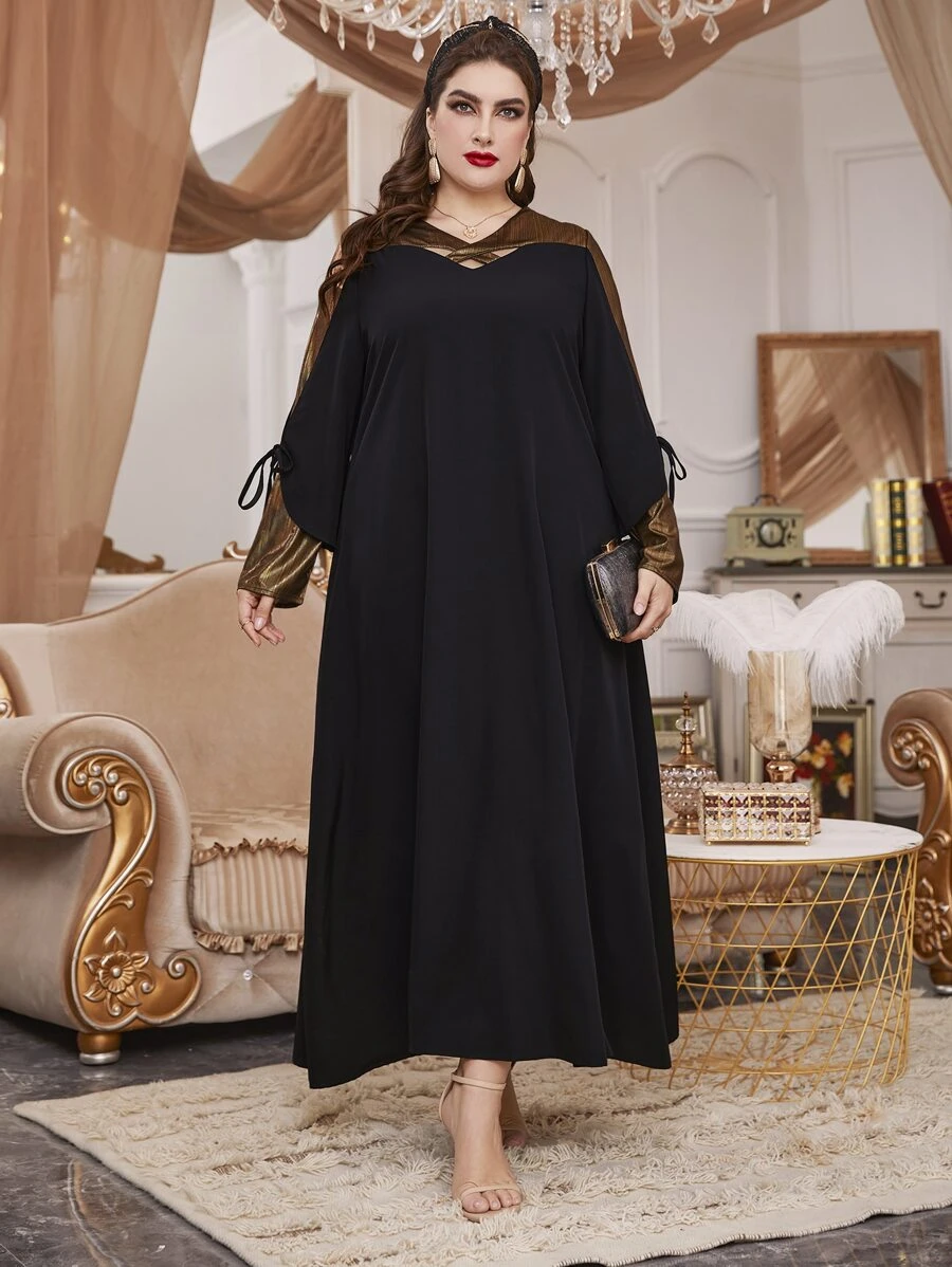 Plus Colourblock Cut Out Knot Sleeve Tunic Dress - Black - View 1