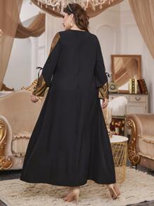 Plus Colourblock Cut Out Knot Sleeve Tunic Dress - Black - View 2