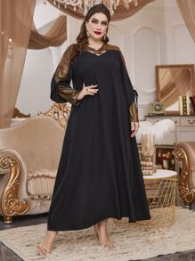 Plus Colourblock Cut Out Knot Sleeve Tunic Dress - Black - View 4