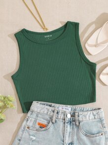 Solid Ribbed Knit Tank Top - Green - View 1