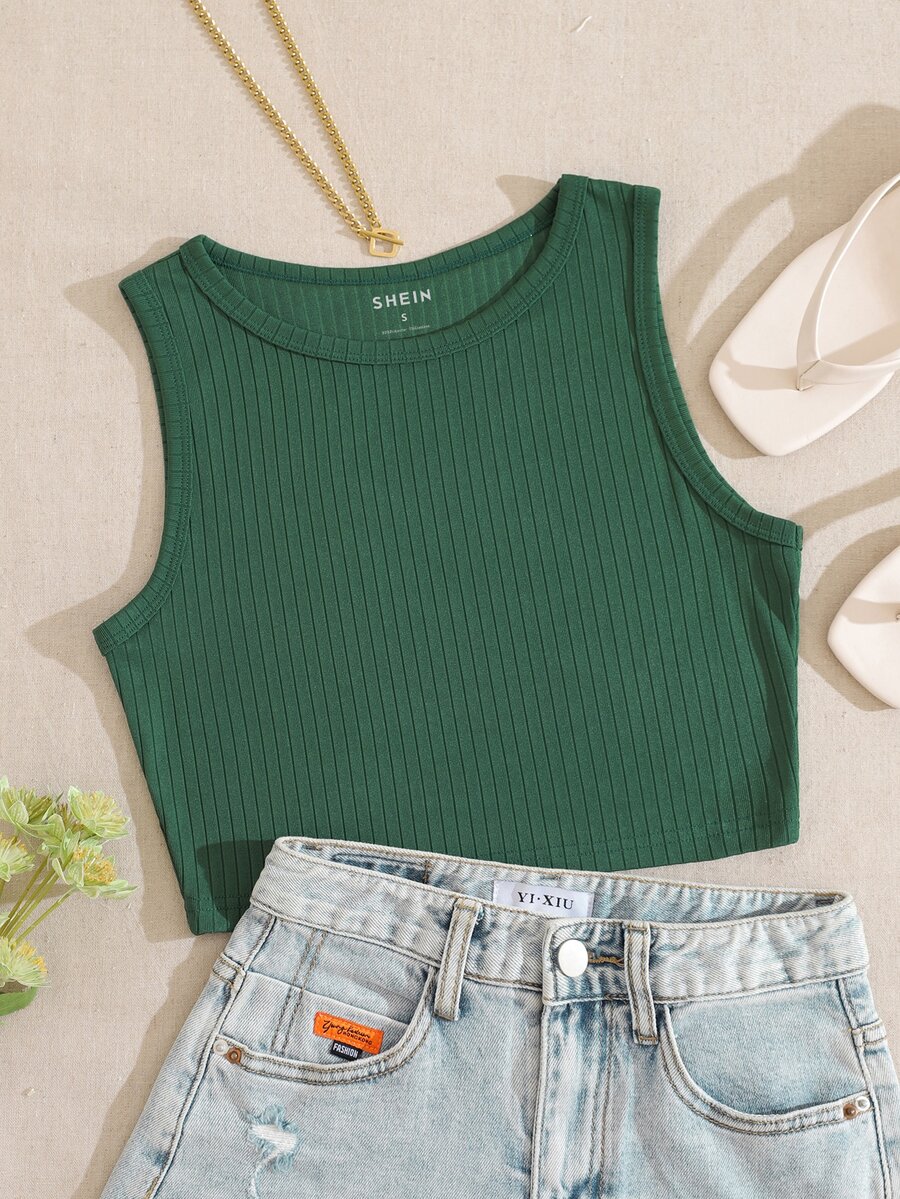 Solid Ribbed Knit Tank Top - Green - View 1