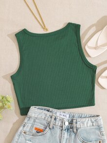 Solid Ribbed Knit Tank Top - Green - View 2
