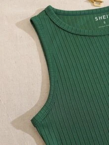 Solid Ribbed Knit Tank Top - Green - View 3