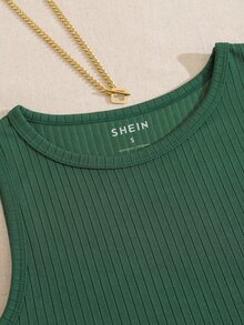 Solid Ribbed Knit Tank Top - Green - View 5
