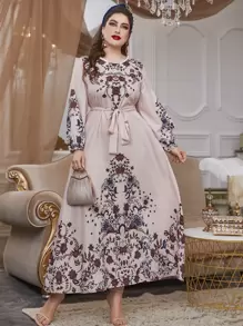 Plus Floral Print Lantern Sleeve Belted Dress - Baby Pink - View 1