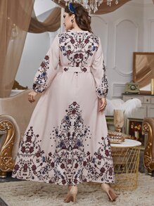 Plus Floral Print Lantern Sleeve Belted Dress - Baby Pink - View 2