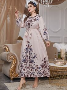 Plus Floral Print Lantern Sleeve Belted Dress - Baby Pink - View 3