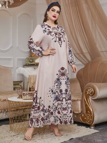Plus Floral Print Lantern Sleeve Belted Dress - Baby Pink - View 4
