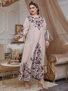 Plus Floral Print Lantern Sleeve Belted Dress - Baby Pink - View 5