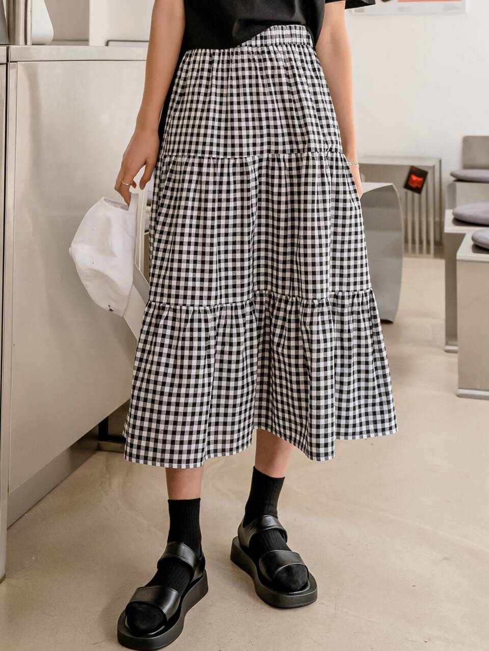 Gingham Print Ruffle Hem Skirt