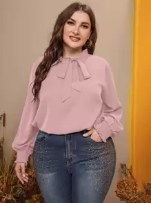 Mulvari Plus Tie Neck Lantern Sleeve Blouse - Dusty Pink - View 1