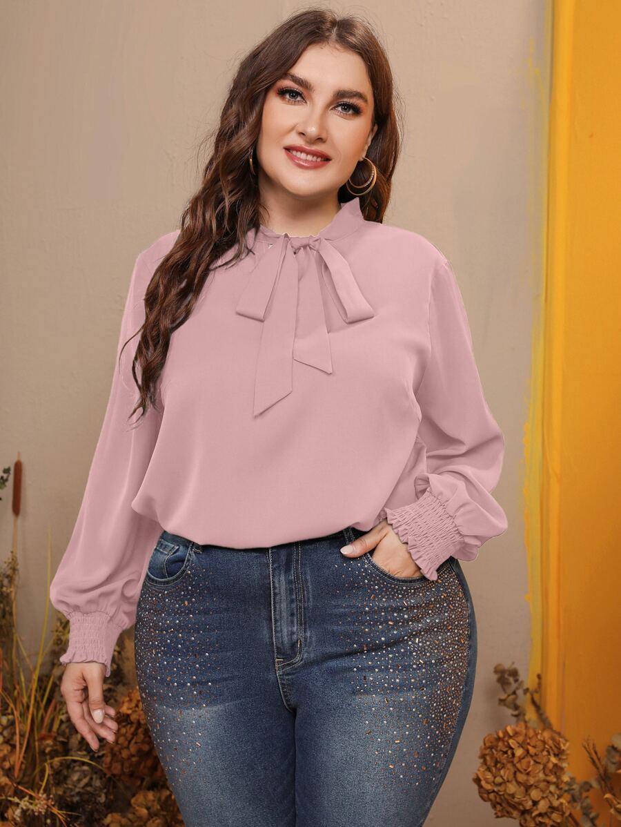 Mulvari Plus Tie Neck Lantern Sleeve Blouse - Dusty Pink - View 1