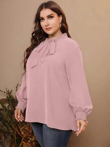 Mulvari Plus Tie Neck Lantern Sleeve Blouse - Dusty Pink - View 3