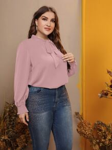 Mulvari Plus Tie Neck Lantern Sleeve Blouse - Dusty Pink - View 4