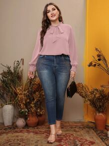 Mulvari Plus Tie Neck Lantern Sleeve Blouse - Dusty Pink - View 5