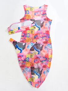 3packs Allover Mixed Pattern Bandeau Bikini & Cover Up