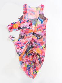 3packs Allover Mixed Pattern Bandeau Bikini & Cover Up