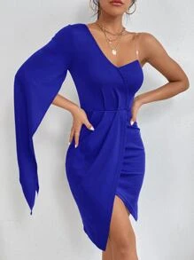 SHEIN PETITE 透明肩帶不對稱領分袖裹身下擺連衣裙 - 寶藍色 - 查看 5