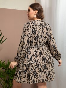 Modelyn Plus Allover Print Lantern Sleeve Shirred Overlap Collar Ruffle Trim Dress - Multicolor - View 2