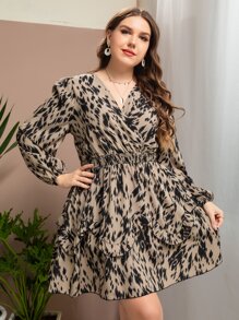 Modelyn Plus Allover Print Lantern Sleeve Shirred Overlap Collar Ruffle Trim Dress - Multicolor - View 4