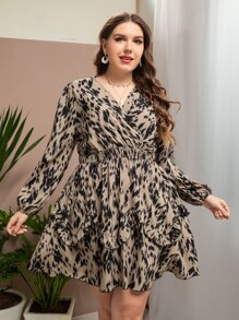 Modelyn Plus Allover Print Lantern Sleeve Shirred Overlap Collar Ruffle Trim Dress - Multicolor - View 6