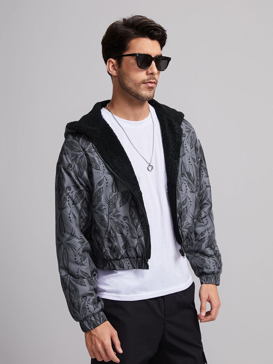 Oracle by Justine Designer Men Leaf Print Zip Up Hooded Jacket, Fall Clothes, For Autumn & Winter - Black - View 1