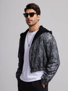 Oracle by Justine Designer Men Leaf Print Zip Up Hooded Jacket, Fall Clothes, For Autumn & Winter - Black - View 3