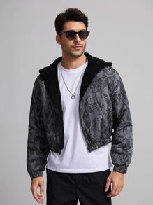 Oracle by Justine Designer Men Leaf Print Zip Up Hooded Jacket, Fall Clothes, For Autumn & Winter - Black - View 5