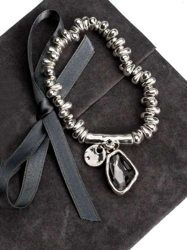 1pc Asymmetrical & Elastic & Adjustable Beaded Bracelet With Unique Pendant - Ideal For Parties, Weddings, Or Birthday Gifts