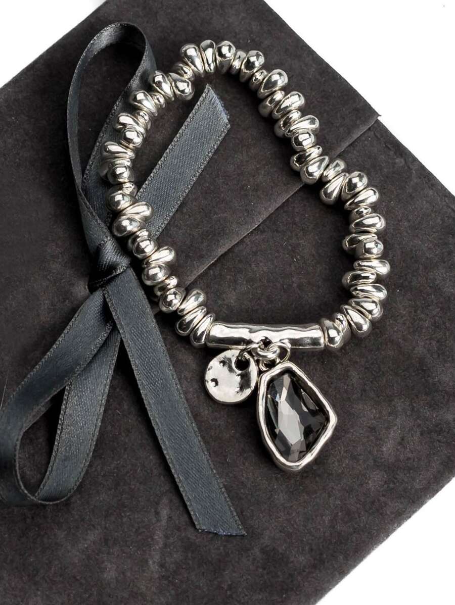 1pc Asymmetrical & Elastic & Adjustable Beaded Bracelet With Unique Pendant - Ideal For Parties, Weddings, Or Birthday Gifts - Grey - View 1