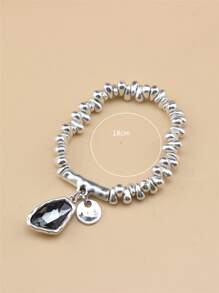 1pc Asymmetrical & Elastic & Adjustable Beaded Bracelet With Unique Pendant - Ideal For Parties, Weddings, Or Birthday Gifts - Grey - View 3