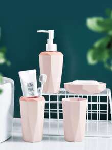 4pcs/Set Geometric Textured Bathroom Accessory Set With Lotion Dispenser, Rinse Cup, Toothbrush Holder And Soap Dish - Refillable Containers, For Bathroom And Kitchen Decoration - Pink - View 1