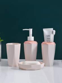 4pcs/Set Geometric Textured Bathroom Accessory Set With Lotion Dispenser, Rinse Cup, Toothbrush Holder And Soap Dish - Refillable Containers, For Bathroom And Kitchen Decoration - Pink - View 4