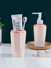 4pcs/Set Geometric Textured Bathroom Accessory Set With Lotion Dispenser, Rinse Cup, Toothbrush Holder And Soap Dish - Refillable Containers, For Bathroom And Kitchen Decoration - Pink - View 6