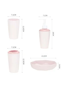 4pcs/Set Geometric Textured Bathroom Accessory Set With Lotion Dispenser, Rinse Cup, Toothbrush Holder And Soap Dish - Refillable Containers, For Bathroom And Kitchen Decoration - Pink - View 3
