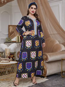 Al Najma Plus Tassel & Floral Print Tee Dress - Black - View 5