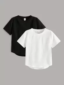SHEIN 小男童2入組不對稱下擺圓領T恤 - 黑與白 - 查看 1