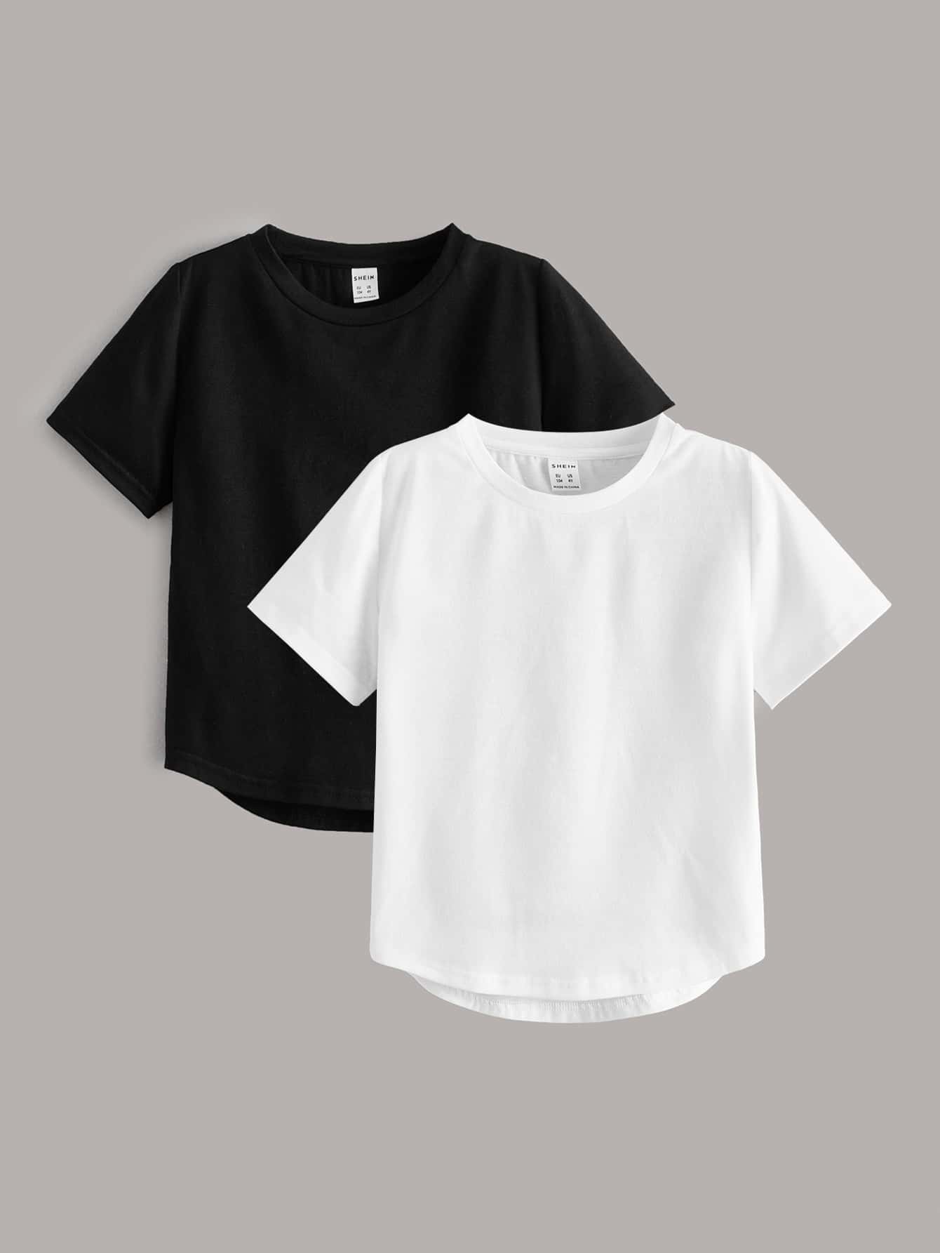 SHEIN 小男童2入組不對稱下擺圓領T恤 - 黑與白 - 查看 1