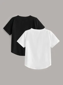 SHEIN 小男童2入組不對稱下擺圓領T恤 - 黑與白 - 查看 2