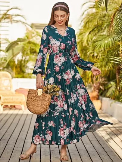 Mulvari Floral Print Lantern Sleeve Pleated Hem Dress | SHEIN USA