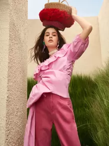 Mulvari Top con diseño de lazo grande ribete con fruncido - Rosa Pálido - Ver 1