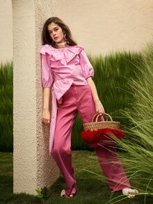 Mulvari Top con diseño de lazo grande ribete con fruncido - Rosa Pálido - Ver 5