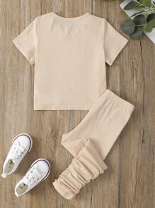 SHEIN Young Girl Solid Tee & Stacked Leggings - Apricot - View 2